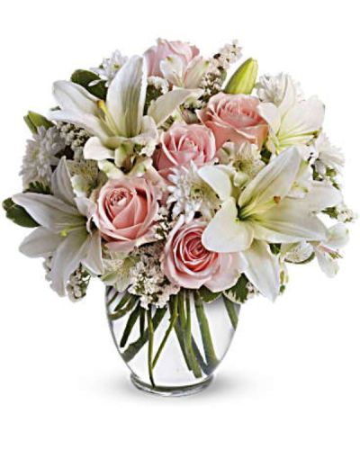 <p>This exquisite design features light pink roses paired with graceful white asiatic lilies, white alstroemeria, and cushion spray chrysanthemums. Accents of white statice and variegated pittosporum add texture and fullness, while the clear, rounded ginger vase offers a clean and classic presentation that highlights the gentle pastel palette.</p>