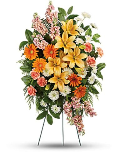 <p>Celebrate a beautiful life with a bright and uplifting standing spray designed to honor the joy, warmth, and light your loved one brought into the world. This vibrant tribute features peach Asiatic lilies and bold orange gerberas, symbolizing admiration and celebration of life.</p>