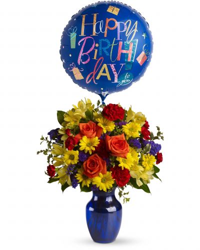 <p>Send birthday cheer that truly takes flight with a fun and colorful bouquet paired with a cheerful birthday balloon. This joyful design features a bold mix of red, yellow, and blue blooms—such as roses, daisies, carnations, or other seasonal favorites—arranged in a lively, eye-catching style.</p>