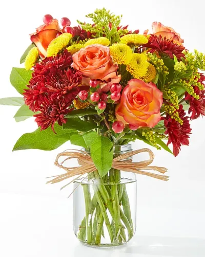 <p>Bring the fall festivities indoors with the Apple Picking Bouquet, a delicious mix of roses, mums, and solidago expertly arranged in a mason jar capturing the beauty of the season.</p>