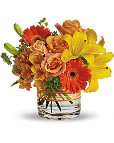 <p>This bouquet features a radiant mix of yellow Asiatic lilies, light orange roses, and a bold orange gerbera daisy. Delicate Peruvian lilies add detail and charm, while fresh bupleurum provides a pop of bright green for a refreshing finish.</p>