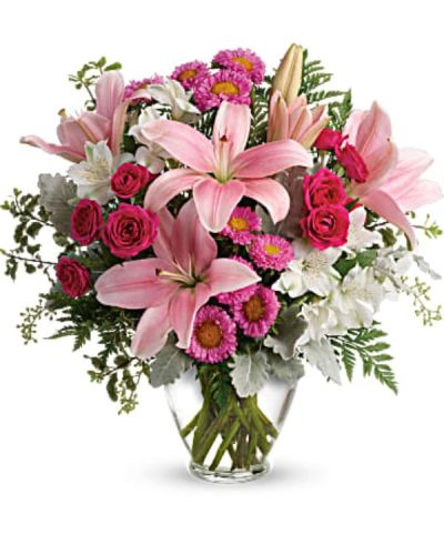 <p>Bring a rush of sweetness and elegance into someone’s day with this dreamy bouquet filled with soft pink tones and delicate textures. This graceful design features hot pink spray roses and elegant pink Asiatic lilies, surrounded by white alstroemeria and pink matsumoto asters for layers of color and charm.</p>