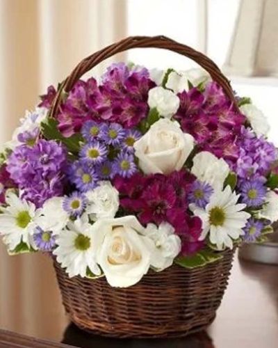 <p>The Peace, Love & Hope Basket in lavender and white brings together soft, serene blooms to create a tender expression of sympathy and remembrance. This thoughtfully arranged basket features a blend of lavender roses, fragrant stock, white alstroemeria, daisy poms, mini carnations, and delicate monte casino.</p>