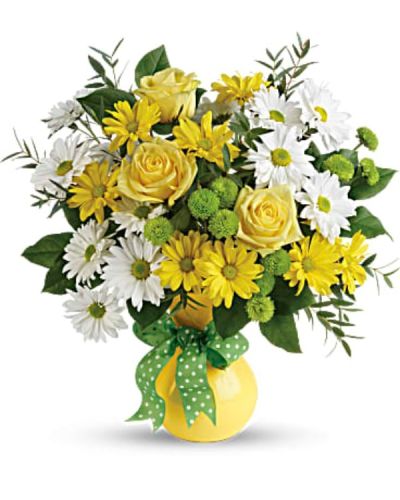 <p>A happy mix of white and yellow daisy spray chrysanthemums is paired with green button spray chrysanthemums for extra pop and texture. Accented with fresh lemon leaf and parvifolia eucalyptus, the bouquet is arranged in a bright yellow vase and topped off with a playful polka dot bow for a fun and friendly finish.</p>