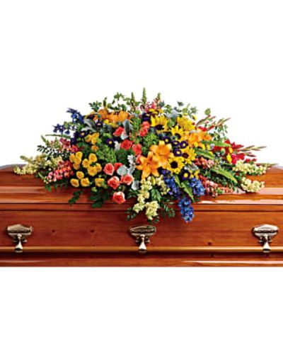 <p>Celebrate the spirit of someone who brought joy, light, and color to the world with this vivid and uplifting casket spray. Filled with rich textures and a full spectrum of hues, it serves as a striking tribute that reflects a life filled with warmth, laughter, and unforgettable memories.</p>