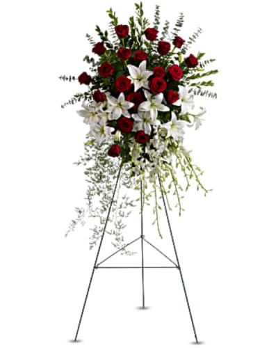 <p>Pay lasting tribute to a remarkable life with an elegant standing spray that symbolizes deep love, reverence, and eternal remembrance. Crafted with timeless blooms and cascading accents, this spray offers a powerful visual expression of heartfelt admiration and respect.</p>