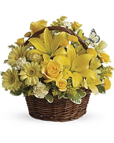 <p>This radiant bouquet features brilliant yellow spray roses, Asiatic lilies, miniature gerbera daisies, carnations, alstroemeria, and button spray chrysanthemums. Accented with fresh greenery and presented in a charming oval basket, the display is topped with a delicate yellow butterfly that adds a whimsical finishing touch.</p>