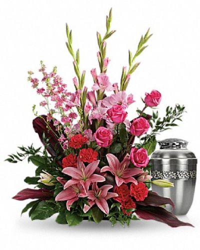 <p>The bouquet features a harmonious blend of hot pink roses, pink Asiatic lilies, pink gladioli, hot pink carnations, and pink larkspur. Accented with red ti leaves, Italian ruscus, and lemon leaf, it combines lush greenery and vibrant blooms to create a heartfelt expression of care.</p>