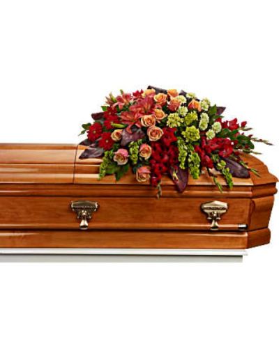 <p>Celebrate a vibrant life with a stunning casket spray that radiates warmth, color, and heartfelt remembrance. This magnificent spray features a rich blend of green miniature hydrangea, orange roses, and deep orange Asiatic lilies.</p>