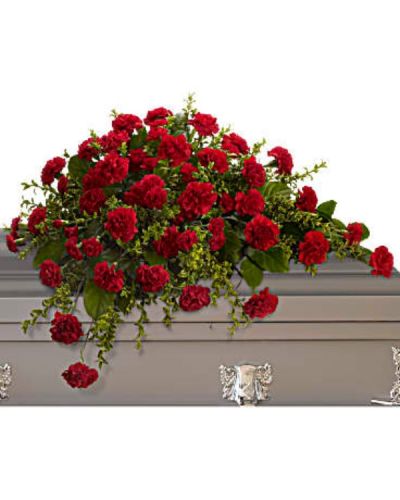 <p>Honor a cherished life with the timeless beauty of this refined casket spray, a floral arrangement that speaks with quiet strength and heartfelt sincerity. Composed of vivid red carnations and lush greenery, this elegant half-couch spray offers a dignified expression of love, remembrance, and enduring devotion.</p>
